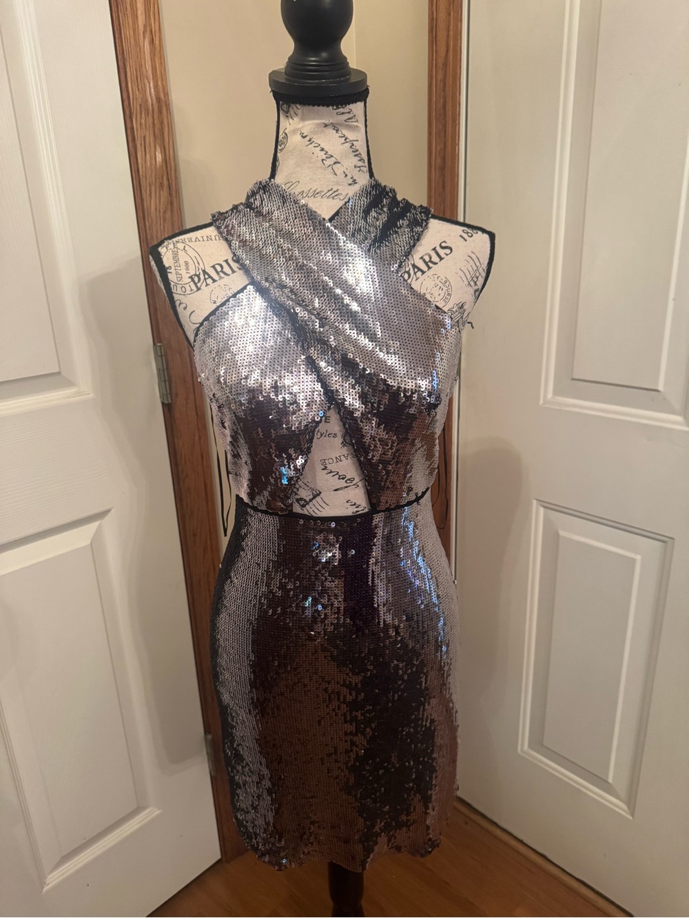 EXPRESS Silver Sequin Cross-Front Halter Dress